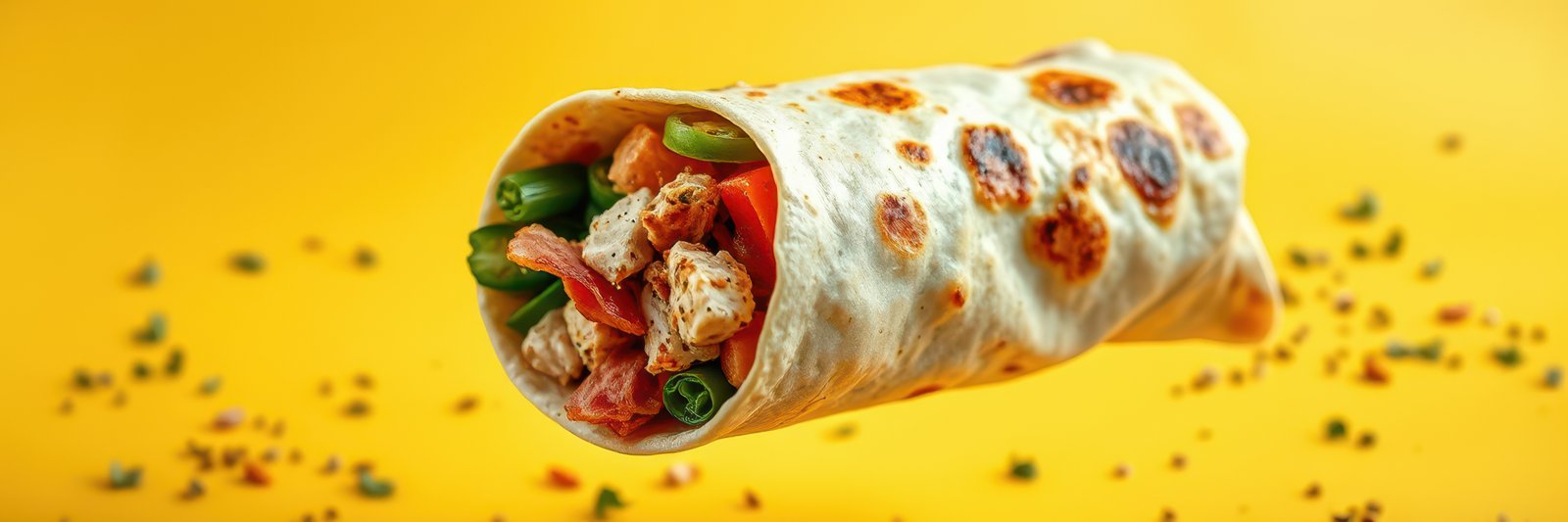 Delicious tortilla wrap filled with grilled chicken, fresh vegetables, and spices against a bright yellow background